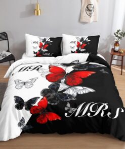 HOSIMA Schmetterling-Bettwäsche-Set für Erwachsene, Jungen und Mädchen, Schwarzer Roter Schmetterling-Druck