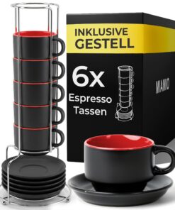 MIAMIO Rot 6 x 75 ml Espresso Tassen Set für Caféier - Keramische Tassen mit Untertasse & Ständer - Le Papillon Kollekti