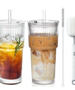 DAILIENFUS Gerippte Glasbecher mit Deckel und Strohhalm 600ml (2er Set) - Hochwertige Doppelwandige Becher, Temperaturbe