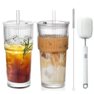DAILIENFUS Gerippte Glasbecher mit Deckel und Strohhalm 600ml (2er Set) - Hochwertige Doppelwandige Becher, Temperaturbe