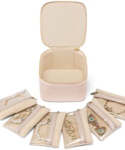 Vlando Schmuckkästchen Reise, Modern Schmuck Organizer mit 6 Schmuckbeutel, für Damen und Mädchen, ideal für Ohrringe un