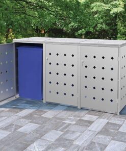 Hommdiy Silberne Mülltonnenbox für Garten 3 Tonnen 240L Edelstahl Müllcontainer (3 Bins)