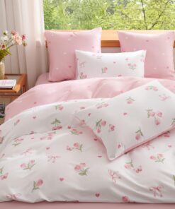 Tospass Mädchen Bettwäsche Weiß Rosa Tulpen Mikrofaser 135x200cm Wendebettwäsche-Set