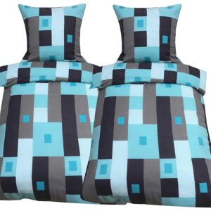 Leonardo Vicenti Fleece Bettwäsche Türkis Grau Karo Warme Garnitur für Winter Set Bezug Kissen mit Reißverschluss 135x20