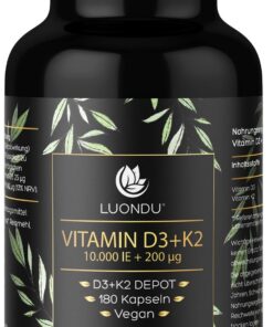 Luondu Vitamin D3 10.000 I.E. & K2 MK7 200 mcg Hochdosiert Vegan Vitamin Kapseln 180 Stück