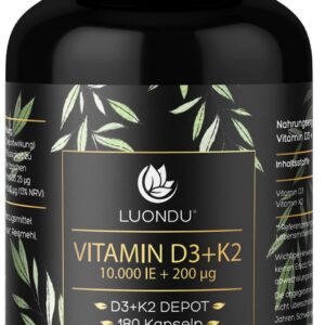 Luondu Vitamin D3 10.000 I.E. & K2 MK7 200 mcg Hochdosiert Vegan Vitamin Kapseln 180 Stück