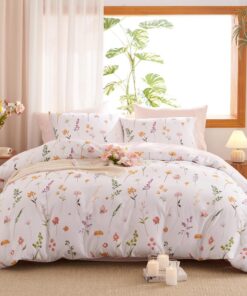 Lanqinglv Aesthetic Bettwäsche 135x200 Rosa mit Pflanzen Muster und Reißverschluss, Bunt Blätter, Perfekt für Every-Day-