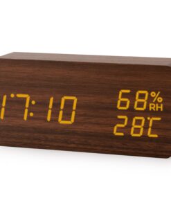 Holz Wecker Digital Dunkelbraun | 3 Alarme & Helligkeitsstufen | Temperatur Luftfeuchtigkeit USB