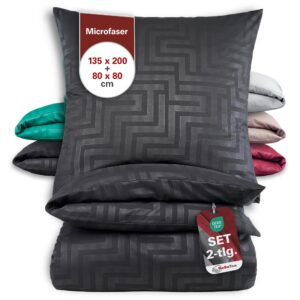 BaSaTex Mikrofaser Bettwäsche Labyrinth Schwarz | Allergiker geeignet und ÖkoTex Zertifiziert | 135x200 + 80x80 mit Reiß