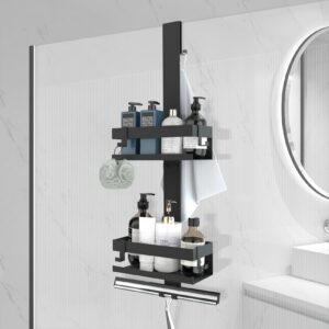 UUlioyer Schwarz Duschablage zum Hängen - Edelstahl SUS304, Rahmenloses Duschregal ohne Bohren für Glastür, Shampoo/Hdll