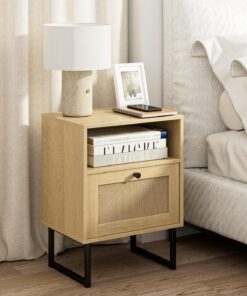 Böho Nachttisch Kleiner Rattan Beistelltisch Mit Schublade Ideal für Schlafzimmer Wohnzimmer und Büro Eiche Rattan