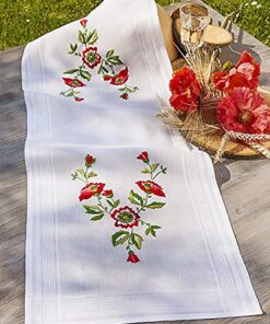 KAMACA Plattstich Stickset für Erwachsene: Mohnblumen Zauber TL 40x100 cm vorgezeichnet mit Stickvorlage und Baumwolle