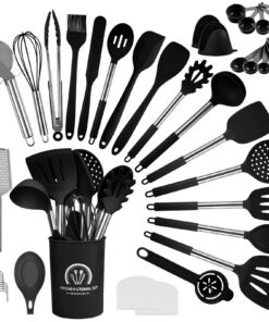 Küchenhelfer Set Silikon Hitzebeständig Spülmaschinengeeignet Schwarz | Silikon Küchenutensilien Kochgeschirr 45-teilig
