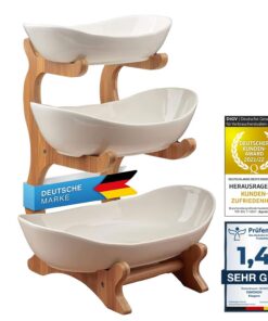 Dimono® 3-Etagen Etagere Servier-Ständer Keramik mit Bambus - Ideal für Obst Gemüse Desserts Partys