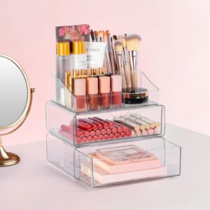 FouiiLiio Make up OrganizerTransparenter Kosmetik Organizer für Schminktisch mit Anti Rutsch Pads und 2 Schubladen