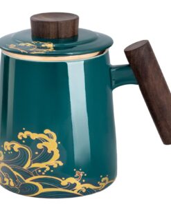 Teetasse mit Deckel und Sieb für Familie und Freunde (Dark Green Waves) Große Keramik Teebecher mit Sieb und Deckel al