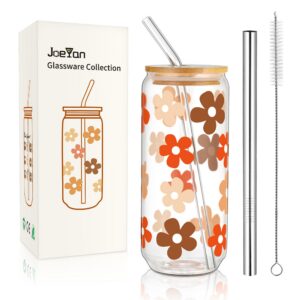 Joeyan Trinkbecher 600ml Dosenform mit Blumenmuster, Eiskaffee und Bubble Tee für Longdrinkgläser, Geschenkidee Glasware
