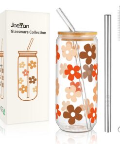 Joeyan Trinkbecher 600ml Dosenform mit Blumenmuster, Eiskaffee und Bubble Tee für Longdrinkgläser, Geschenkidee Glasware