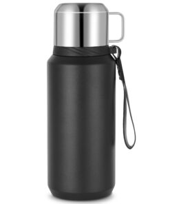 Edelstahl Thermosflasche 800ml - Hält Getränke 24h Heiß & Kalt - Auslaufsicher BPA-frei mit Becher Schwarz
