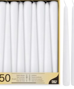 Papstar 50 Leuchterkerzen Weiß für Raumbeleuchtung – Premium-Qualität, lange Dauerlöscht, ideal für Zimber und Hochzeite