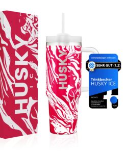 HUSKY ICE 24h Eiskalt Thermobecher 1.2 Liter [Rot bemustert] - Trinkbecher mit Deckel und Strohhalm