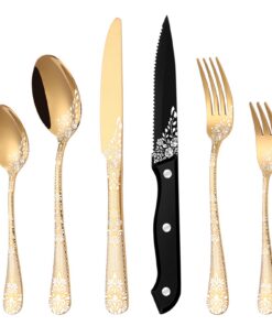 HONKKU 36-teiliges Edelstahl Besteck Set Gold für 6 Personen | HONKKU 36-teiliges Spiegel Polierter Besteck Set mit Blu