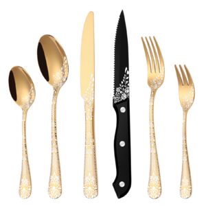 HONKKU 36-teiliges Edelstahl Besteck Set Gold für 6 Personen | HONKKU 36-teiliges Spiegel Polierter Besteck Set mit Blu