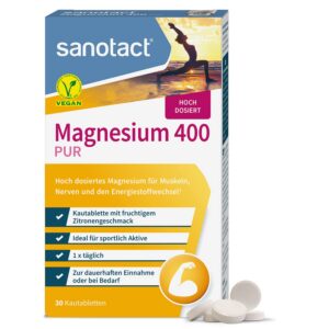 Sanotact Magnesium 400 (30 Kautabletten) • Hochdosiertes Magnesium für Muskeln und Nerven • Sofortwirker mit 400mg Magne