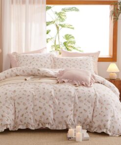 Lanqinglv Aesthetic Blätter Wendebettwäsche Set Rosa ÖKO-TEX für AllergikerRomantisch mit Blütenmotiv 135x200 80x80 cm