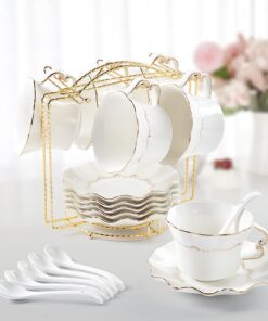 DUJUST Weiße Königliche Porzellan Tassen & Untertassen Set 6pcs 200ml Gold Trim Reliefdruck Metallständer British Royal