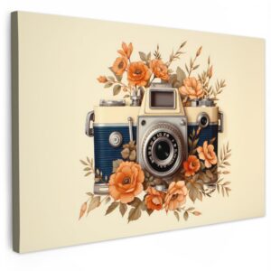 MuchoWow© XXL Bild 120x80 cm Modern Wohnzimmer Dekoration -Vintage Kamera Blumen Geschenk Beige Orange