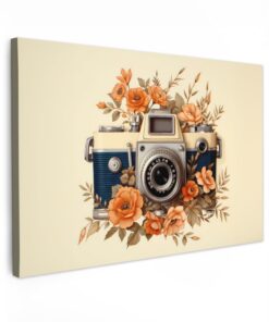MuchoWow© XXL Bild 120x80 cm Modern Wohnzimmer Dekoration -Vintage Kamera Blumen Geschenk Beige Orange