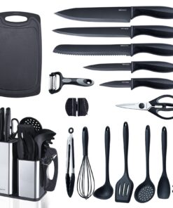 RAXCO Küchenmessersets Mit Block - 18 Teilige Küchenutensilien Mit 5 Teiligen Messersets und 7 Teiligen Silikon Pfannenw