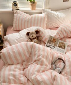 Freyamy Aesthetic Streifen Bettwäsche 135x200 Rosa-Weiß ÖKO-TEX Reinigungsgut Aesthetic Streifenbettwäsche-Sets 135x200
