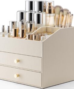 Vlando Makeup Organizer - Kunstleder Kosmetik Organizer mit 2 Schubladen für Schminktisch, Lippenstift, Schmuck & Hautpf