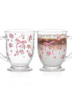 Glass Coffee Mug Set – Elegante Gläser mit Flower Rose Bow Muster & Henkel – Carbonfree Certified für Kaffee & Tee