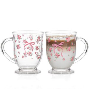 Glass Coffee Mug Set – Elegante Gläser mit Flower Rose Bow Muster & Henkel – Carbonfree Certified für Kaffee & Tee