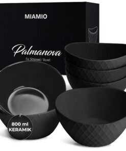 MIAMIOM – Moderne, matt glänzende Bowls – Palmanova Kollektion, 6 x 800 ml, Schwarz – Essensschalen für Familien – Essen