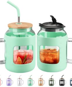 BLUEGO 1500ml grün Glasbecher mit Griff und Strohhalm und Wiederverwendungsfähig Wasserkrug