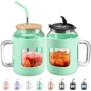 BLUEGO 1500ml grün Glasbecher mit Griff und Strohhalm und Wiederverwendungsfähig Wasserkrug