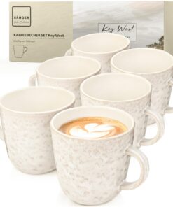 Sänger Key West Steingut Kaffeebecher Set 6er 430 ml spülmaschinenfest mikrowellenfest Creme sandige Maserung