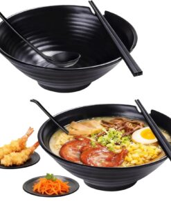 Xiwhuua Nudelschalen Set Für Asiatisches Essen - Zuhause Und Restaurant, Matt Schwarz Mit Stäbchen Und Löffel, 12 Stück