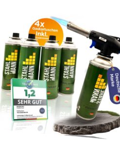 STAHLMANN ® Gasbrenner für Küchen - maximale Temperatur 1300°C - 4x Gaskartuschen - Piezozündung und Bunsenbrenner Funkt