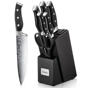 Profi Küchenmesserset 7-TLG Selbstschärfend, Edelstahl, Schwarz | Scharfe Küchenmesserset 7-TLG Holzblock, Kunststoff-G
