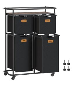 VASAGLE Wäschesortierer, 150 L, für große Familien, Mobile Wäschewagen mit 4 abnehmbaren Taschen, 6 Etiketten, tinte Sch
