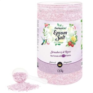 Nortembio Epsom Salz Erdbeere & Rosen 1,25 kg – Natürliche Magnesiumquelle | Feuchtigkeitsspendend mit Vitamin C & E | F