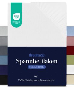 Dreamzie Premium Spannbettlaken Weiß | Oeko-TEX Zertifiziert für dicke Matratzen bis 22 cm | 100% Jersey Baumwolle 150 g