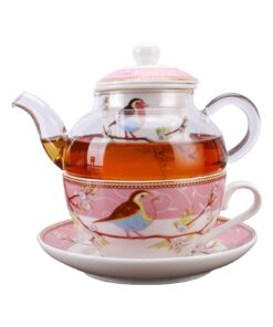 Rosa Robin Vögel und Blumen Tea for One Keramik Teetasse | Rosa Robin Vögel und Blumen Glas Teekanne für eine Person |