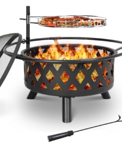 TLSUNNY Feuerschale Ø 76 cm mit Drehbarem Grillrost für Garten BBQ