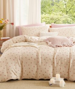 Lanqinglv ÖKO-TEX Musselin Bettwäsche 135x200 Baumwolle Beige Rosa Blumen Lanqinglv Vintage Aesthetic Reinforce Leinenop